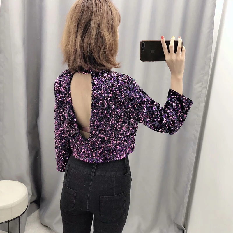Женская Осенняя Сексуальная Блузка с блестками элегантные рубашки фиолетового
