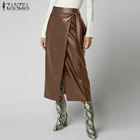 Юбка ZANZEA женская из искусственной кожи, стильная юбка средней длины на пуговицах, с высокой талией, с разрезом, на шнуровке, однотонная Роба в стиле оверсайз, 2021