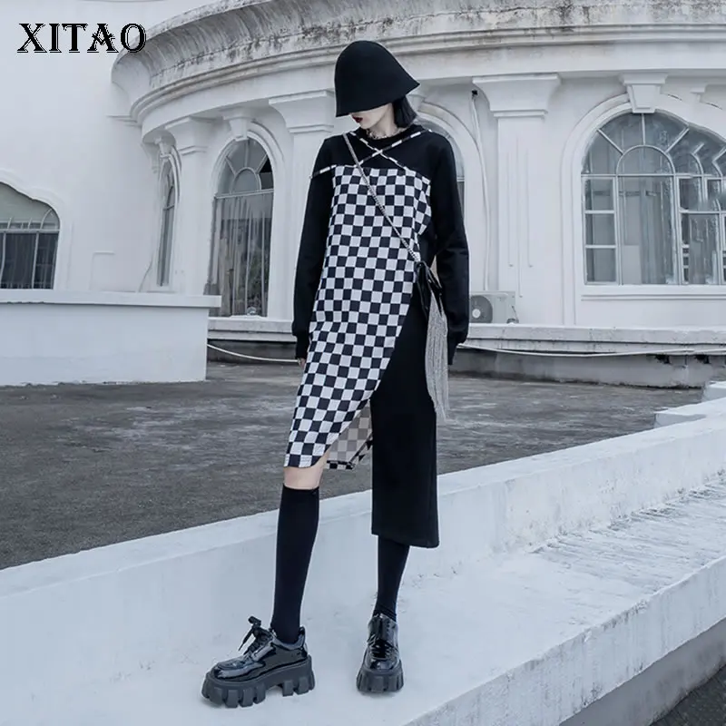 

XITAO New Trendy Irregular Splicing Dress Fashion Contrast Color Lattice 2021 Autumn Personality Street Trendy Women WMD3859