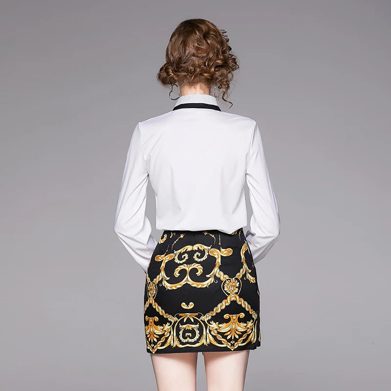 Fashion Runway Spring Suit Women's Long Sleeve Vintage print Shirt and Baroque Printed Skirt Two Pieces Lady Set |