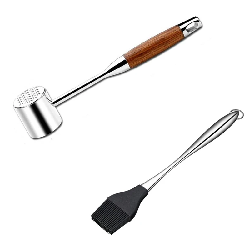 

Double-Sided Meat Tenderizer Hammer with Non-Slip Wooden Handle, Steak Hammer with Silicone Oil Brush