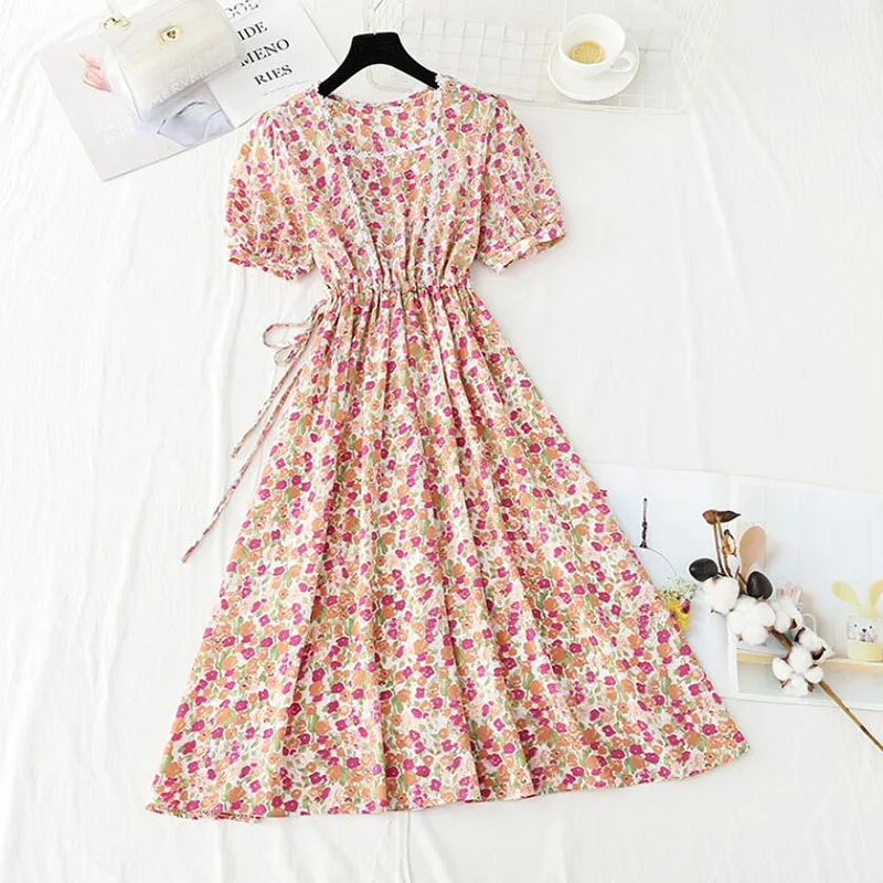 

Women Vintage Floral Dress Sweet Square collar Drawstring Slim Midi Vestido Summer Elegant Chiffon Short Sleeve Dresses Femme