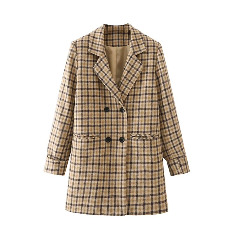 

2021 Za Women New Fashion Double Breasted Casual Check Blazer Coat Vintage Long Sleeve Pockets Female Outerwear Chic