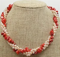 HABITOO Fashion  3 Row Natural 6-7MM Pink Freshwater Pearl Red Corals Baroque Choker Handmade Necklace for Women Jewelry Gifts