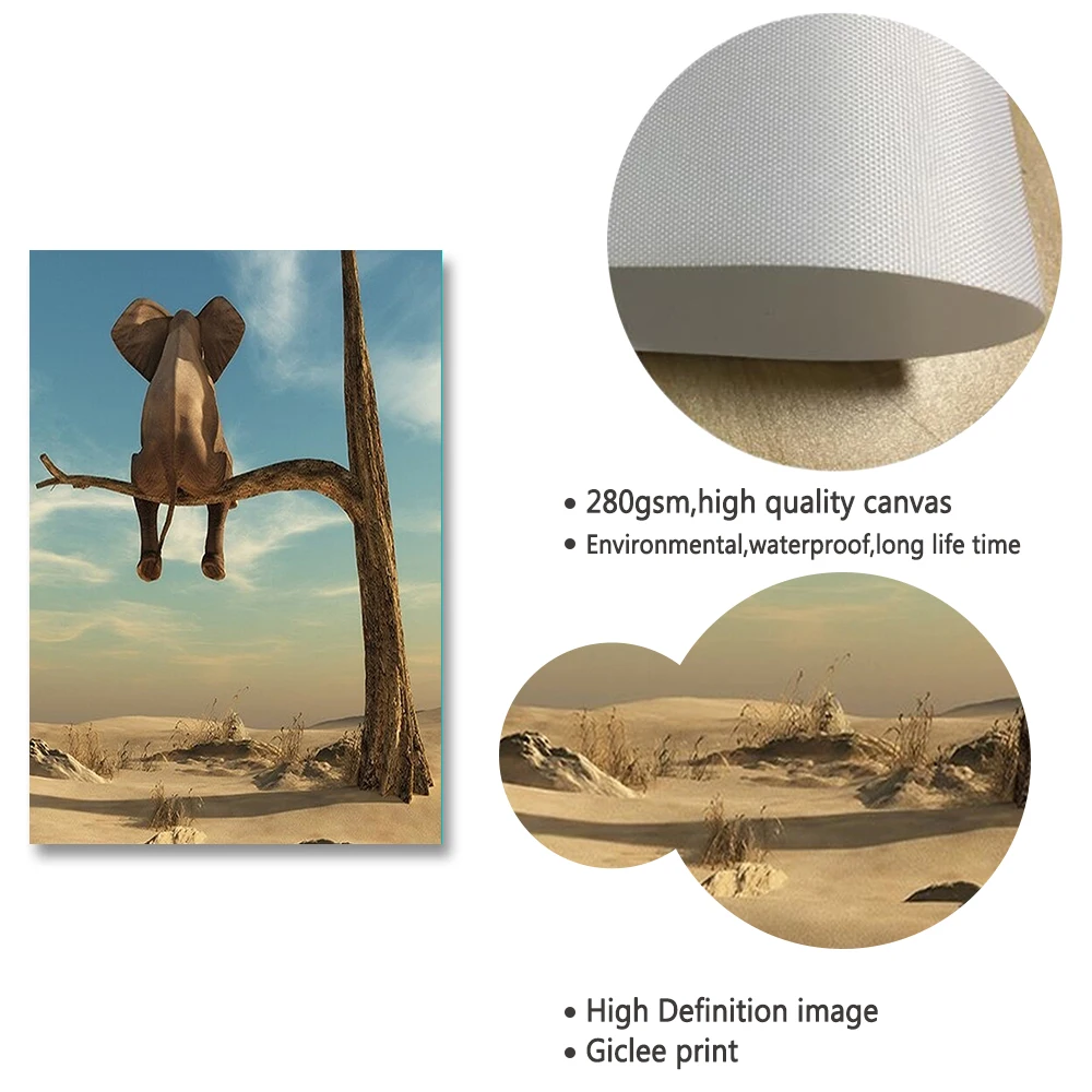 

Nordic Prints Sun Tree Flower Landscape Wall Art Canvas Painting Elephant on The Tree Poster Modern Living Room Decora Frameless