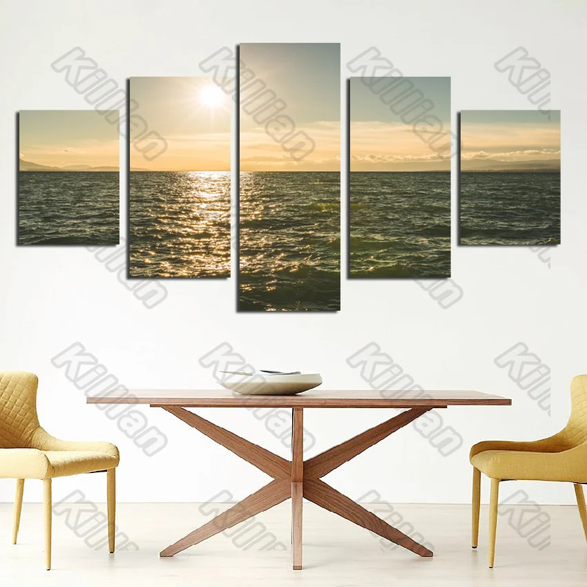 

Seascape Style Murals Canvas Painting Bed Home Decoration Prints 5 Pieces Golden Ocean Sun Decoration Living Room Wall Mural