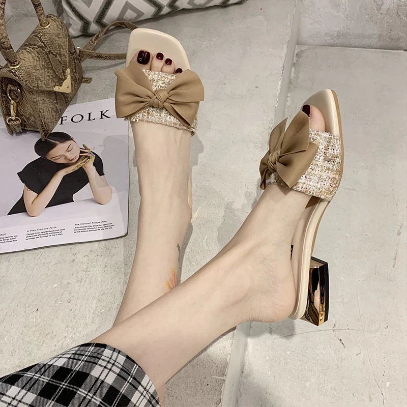 

Slippers Women Summer Luxury Slides Med Square heel Low Flat Shoes Female Butterfly-Knot Pantofle Designer Block 2021 Butterfly-