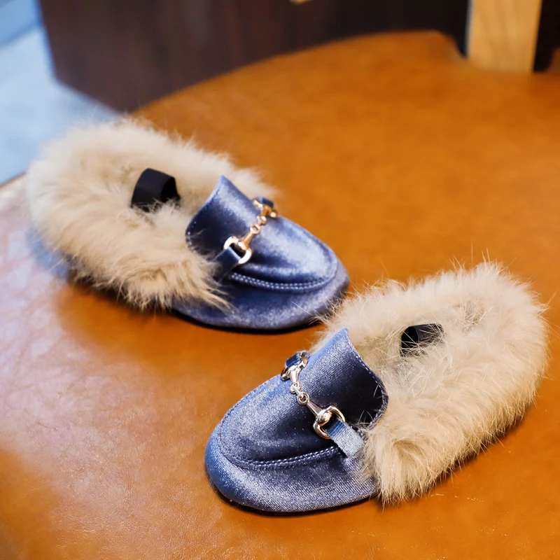 

girls shoes Loafer Best Sell New 2021 Winter Warm Kids Fur Shoes Size 21-37 Flat (Choose According To Foot Length)
