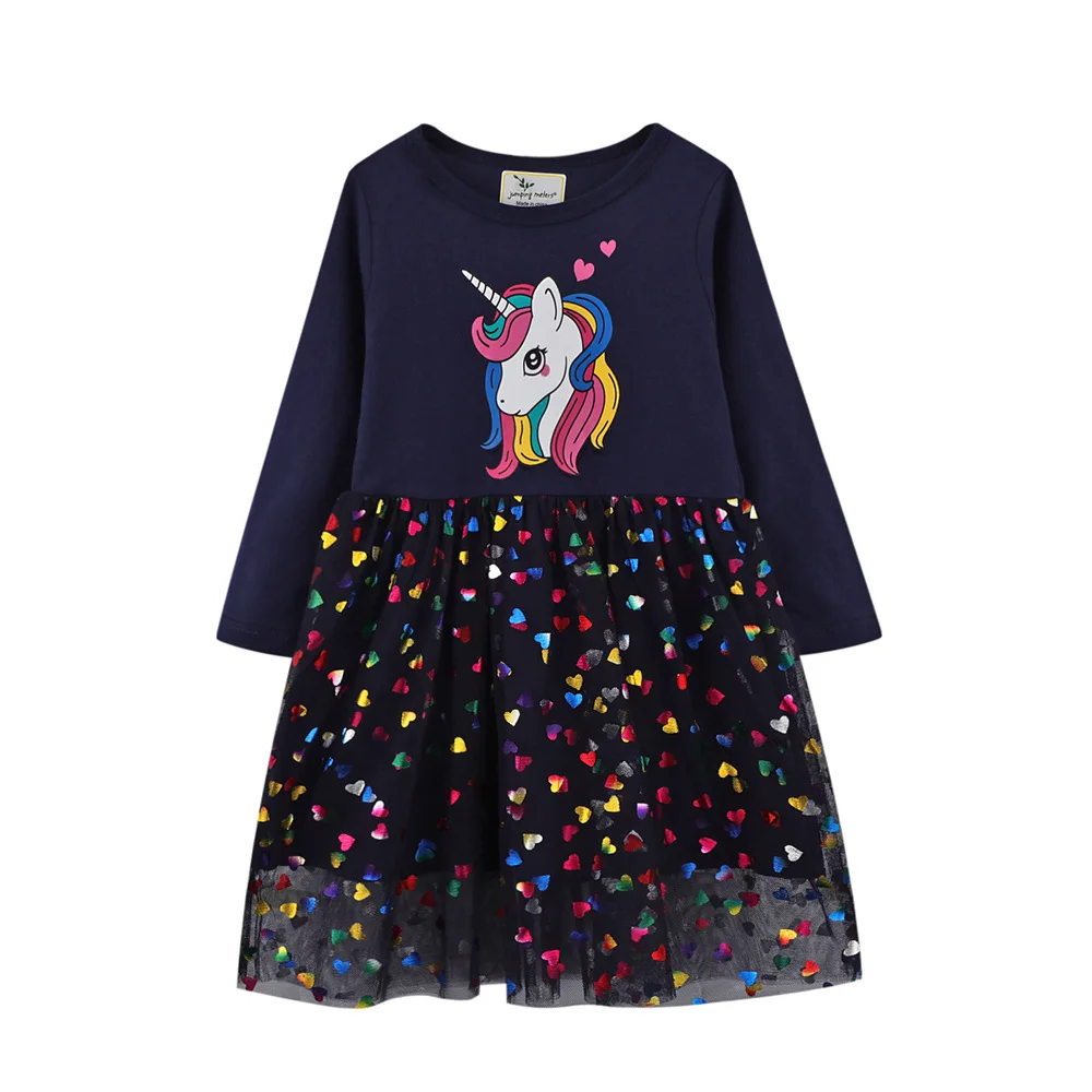 

2021 Autumn New Girls Unicorn Dresses New Year Children's Clothing Baby Girl Long-sleeved Princess Dress Kids Love Mesh Dresses