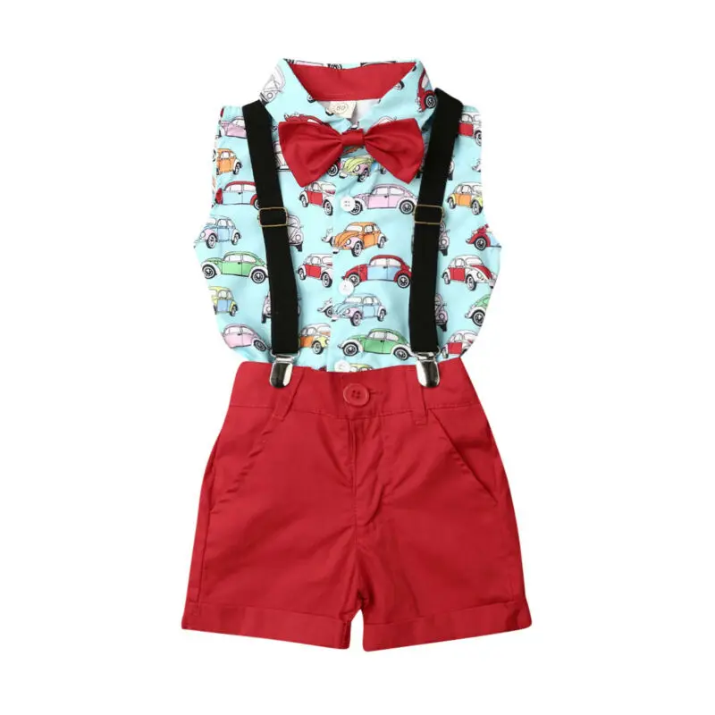 2PCS Kids Baby Boy Gentleman Clothes Cartoon Car Tops Shorts Outfits Set Summer |