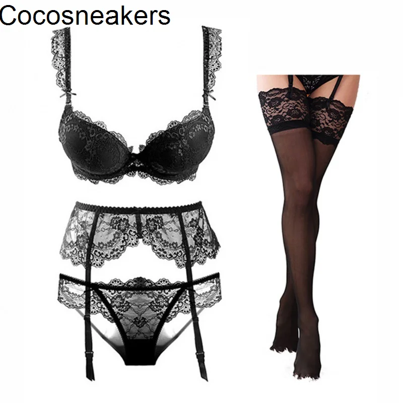 

stand alone sexy lace bra 4-piece set (bra briefs Garters silk stockings)