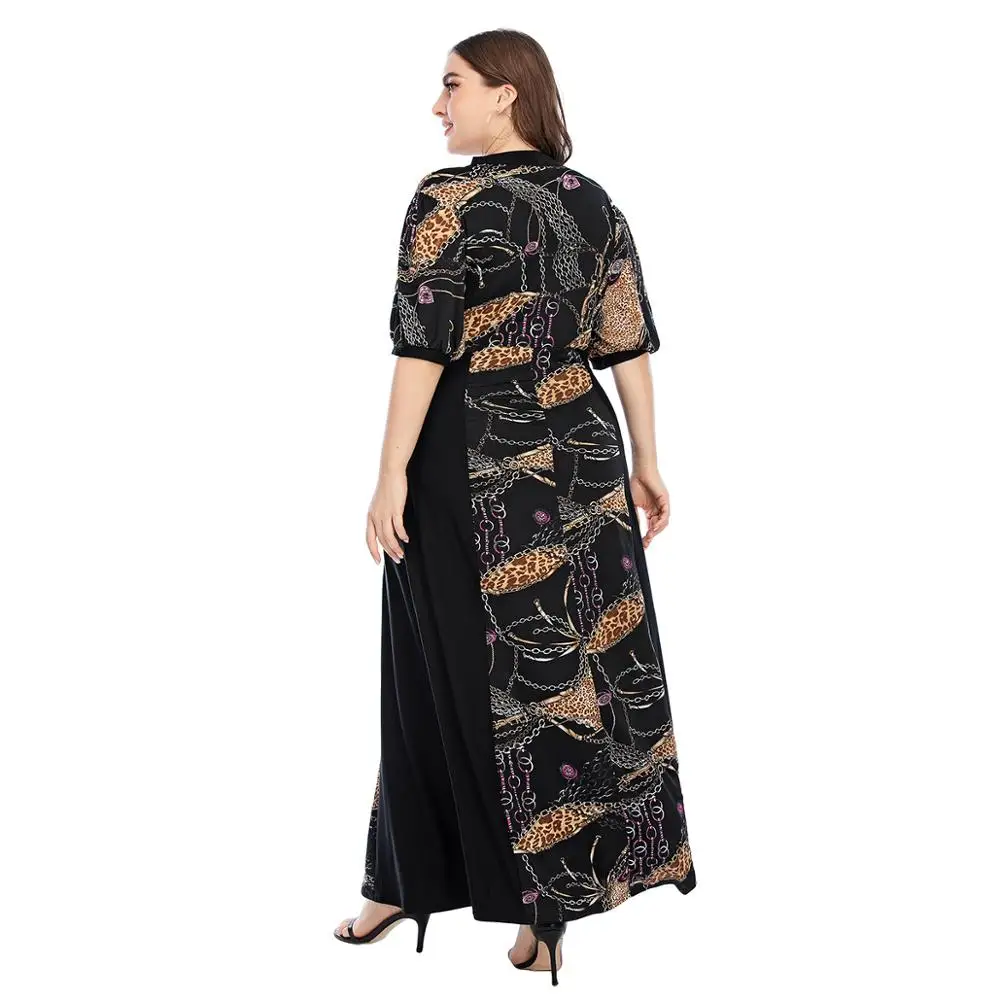 

Plus Size Women's Fashion Printing Casual V-Neck Stitching Dress Bohemian Long Skirt Floral Summer Long Dress For Women
