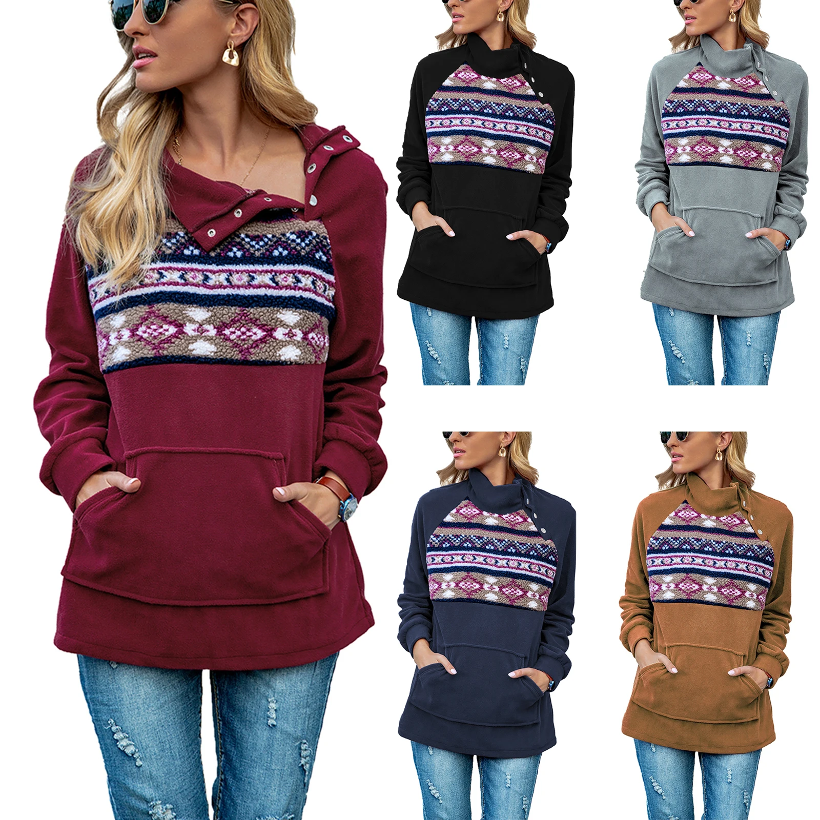

Womens Loose Sweatshirts, Casual Long Sleeve Turtleneck Button Pullover Tops with Pocket