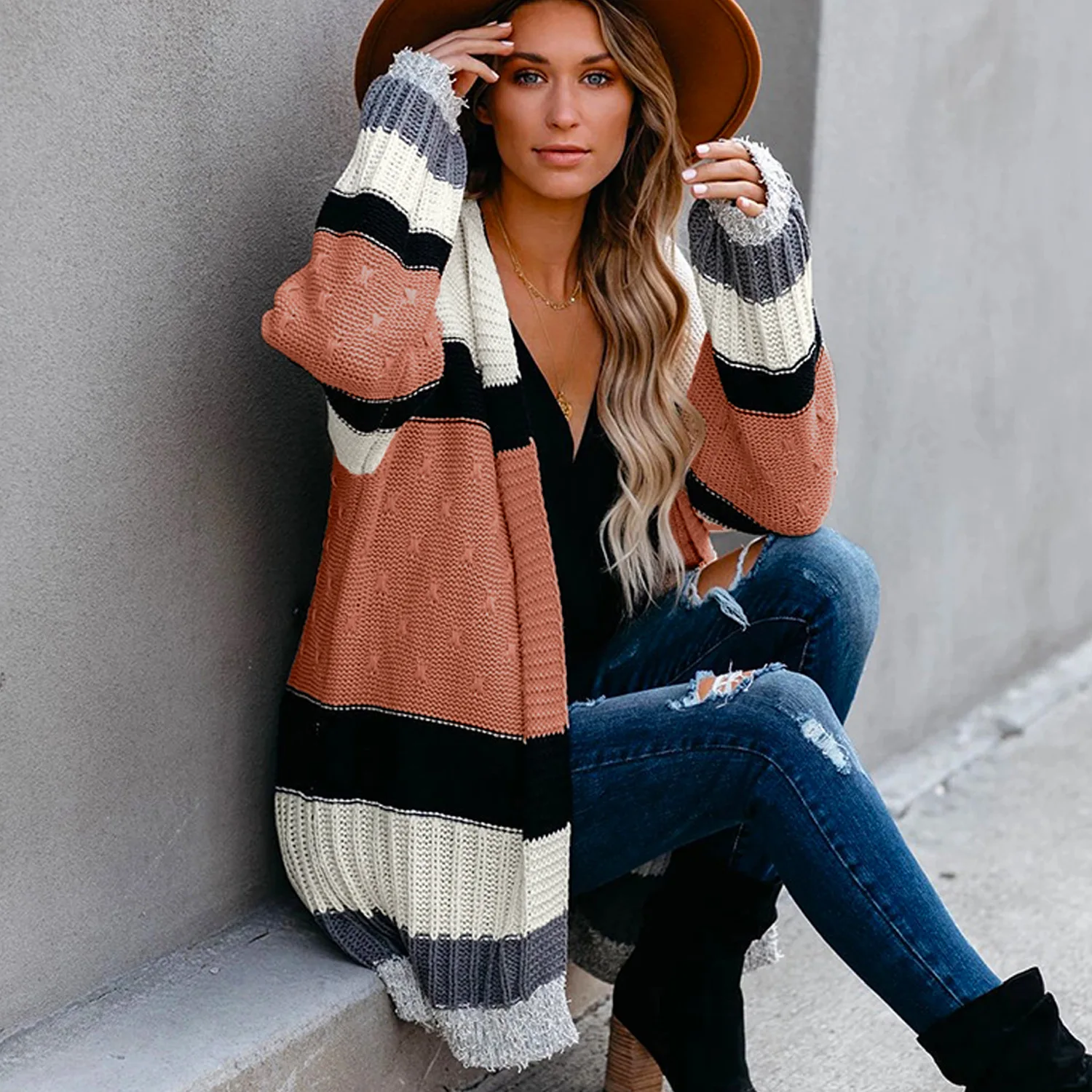 

Striped print knitted long cardigans sweater women long sleeve kahki vintage cardigan jumper casual office ladies outfit 2020