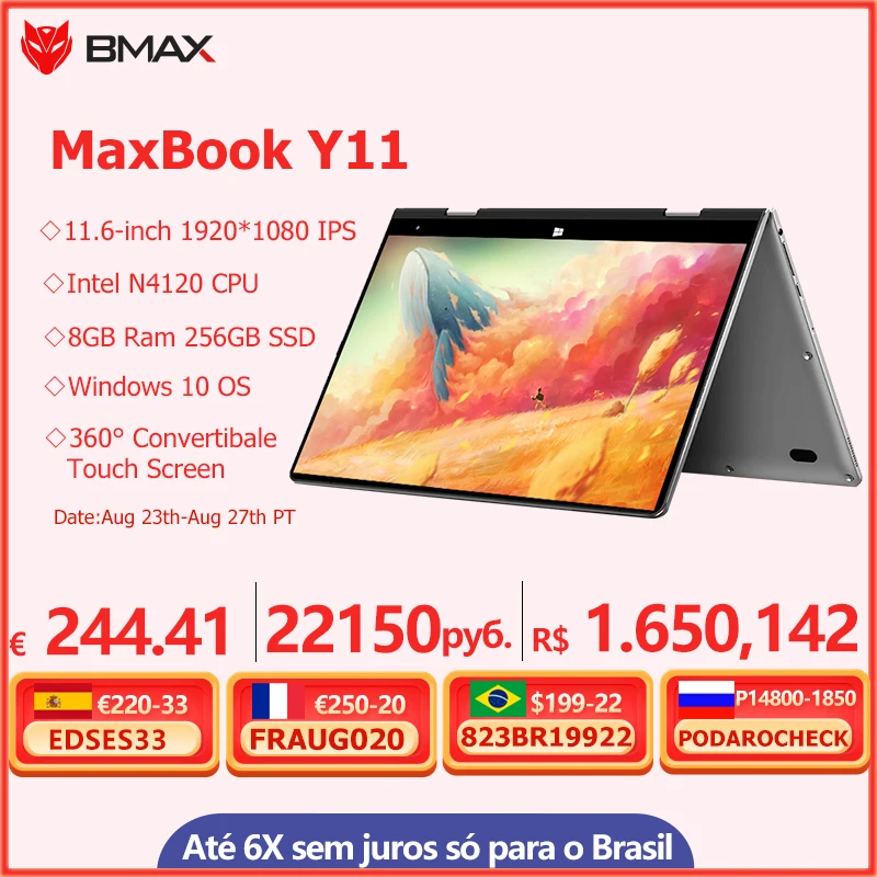 Get BMAX Y11 Laptop 11.6 Inch Quad Core Intel N4120 1920*1080 IPS Screen 8GB LPDDR4 RAM 256GB SSD ROM Notebook Windows10