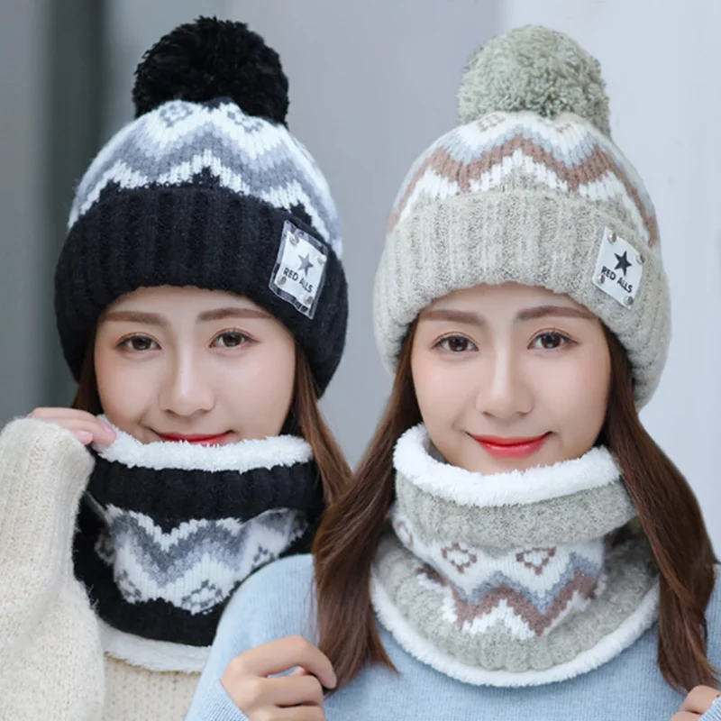 

PLOERMIN Women's Winter Hat Ski Brand Big Fur Pompoms Ball Knitted Hats Scarf Set Femmes Beanie Caps Warm Skullies Outdoor Cap