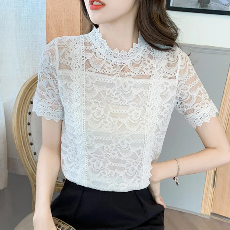 

New 2021 Summer Short Sleeve Women Lace Tops Fashion Casual Sexy Hollow Out Blouse Shirt Plus Size blusas mujer