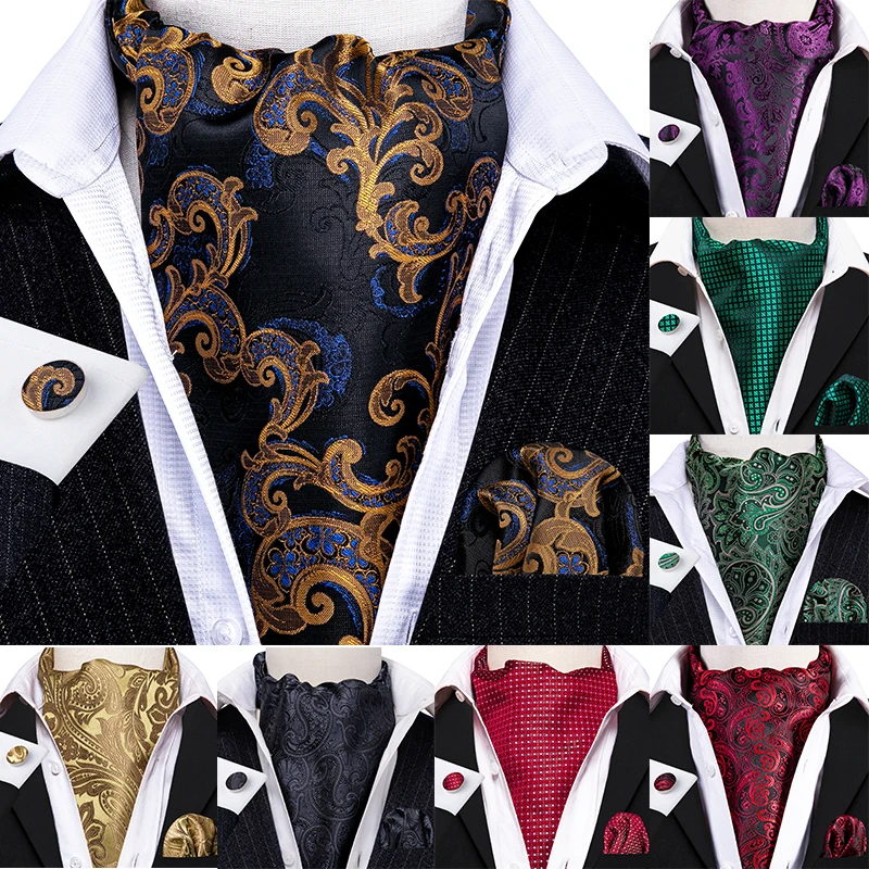 

Gold Silk Cravat Ascot Tie for Men Suit Jacquard Necktie Pocket Square Cufflinks Set Wedding Party Business Barry.Wang