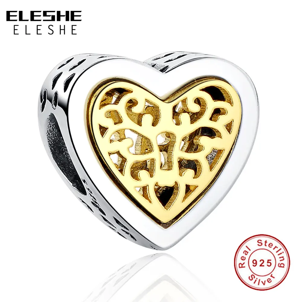 Чистый 925 стерлингового серебра в форме сердца из бисера Золото Цвет Шарм