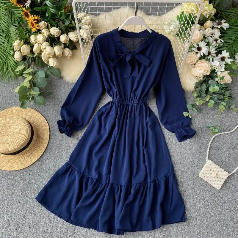 Fitaylor Новое Женское милое плиссированное платье весна осень длинный рукав бант