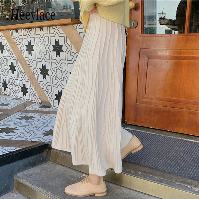 

Thicken Warm Knitting Women A-Line Skirts New 2021 Autumn Winter Solid High Waist Umbrella Skater Sweater Long Skirts Female