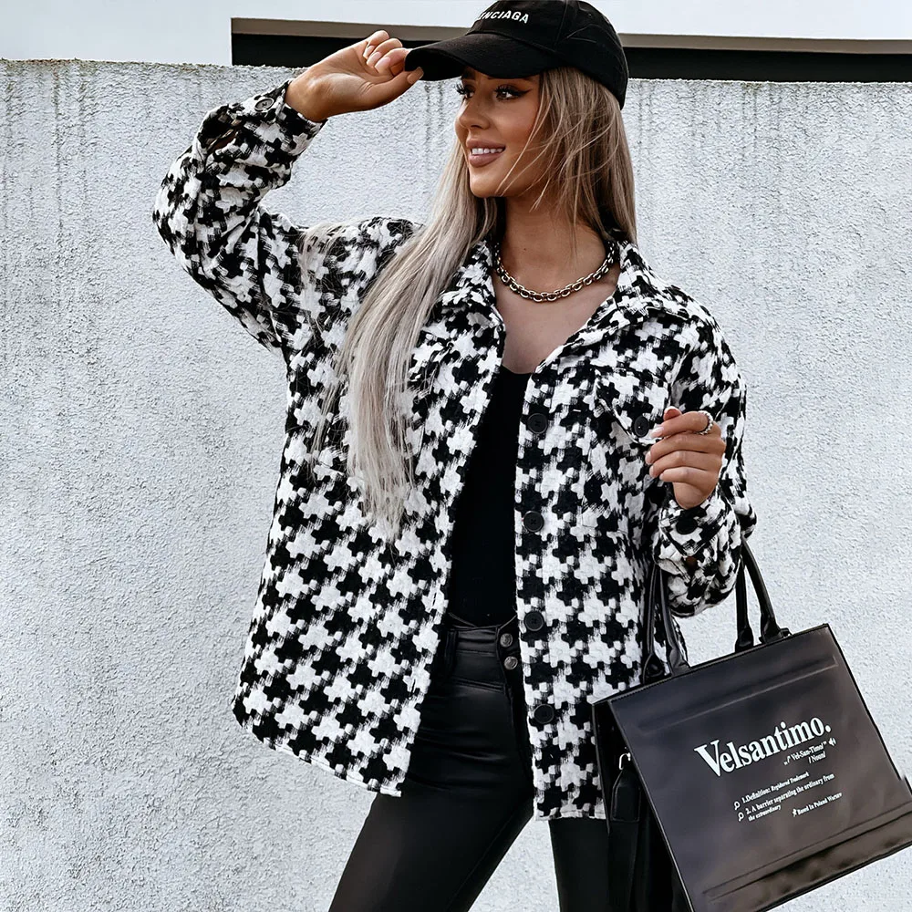 

Women Vintage Houndstooth Jackets Blazer 2021 Autumn Elegance Turn Down Collar Loose Long-sleeve Suit Coats Woman Casual Tops