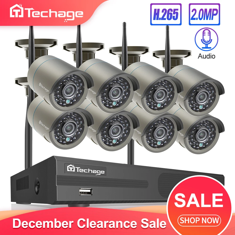 Techage H.265 8CH 1080P HD Беспроводной NVR комплект CCTV система безопасности 2MP IR CUT наружная аудио Wifi камера P2P комплект видеонаблюдения