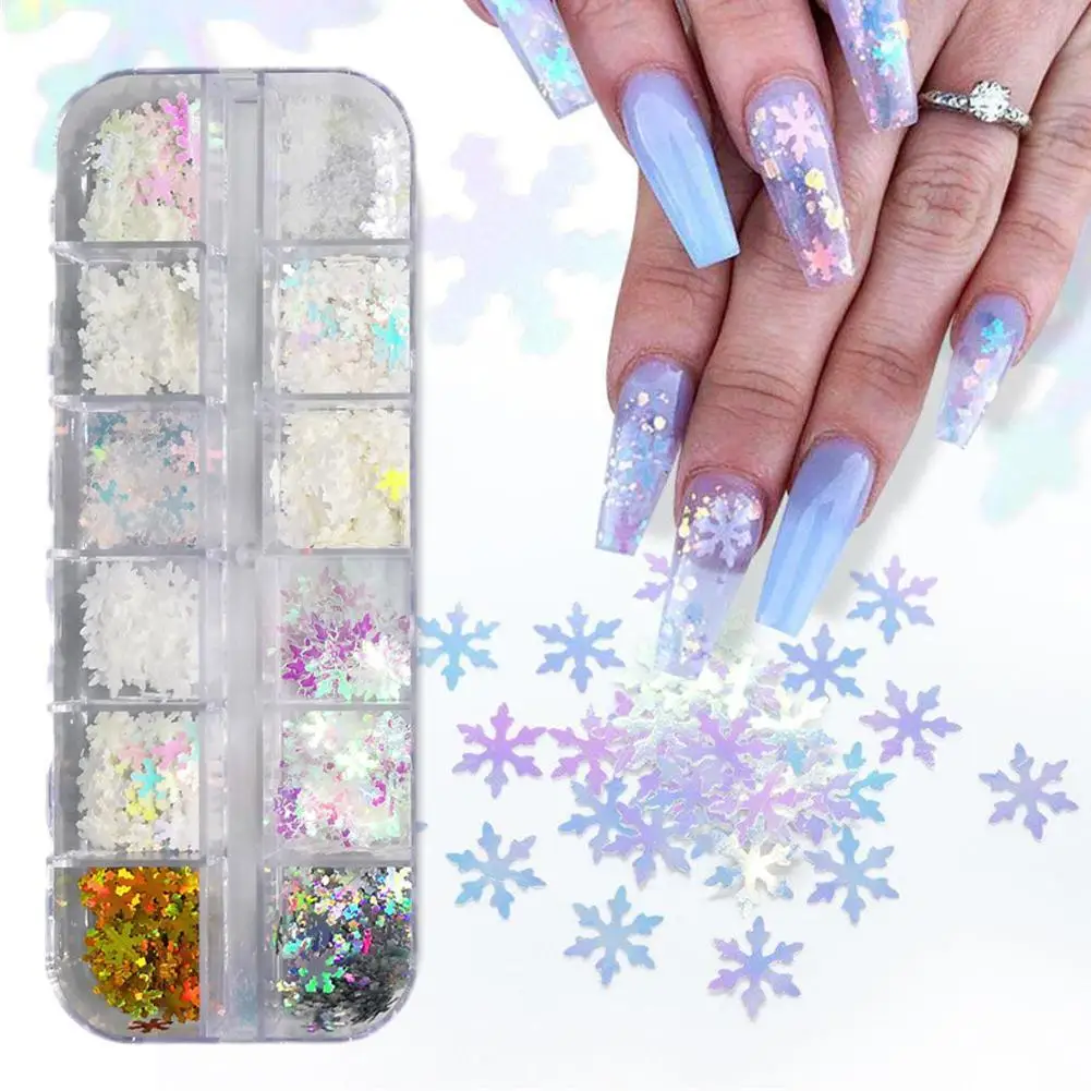 12 сеток Белые снежинки Блестки для ногтей 3D голографические хлопья ломтики