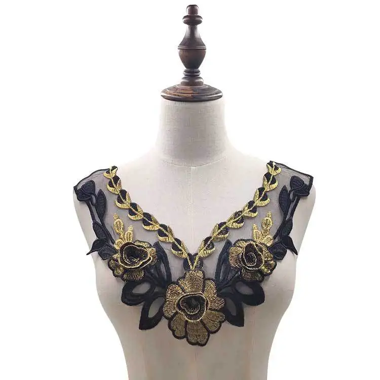 Gold Black 1 пара органзы вышитые крылья кружева вышивка патчи DIY кружевной воротник декольте украшения товары для шитья и рукоделия - Цвет: Gold Black