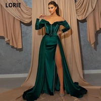 lorie green satin long sleeves evening party dresses off shoulder pearls side split slit formal prom gowns vestidos de fiesta
