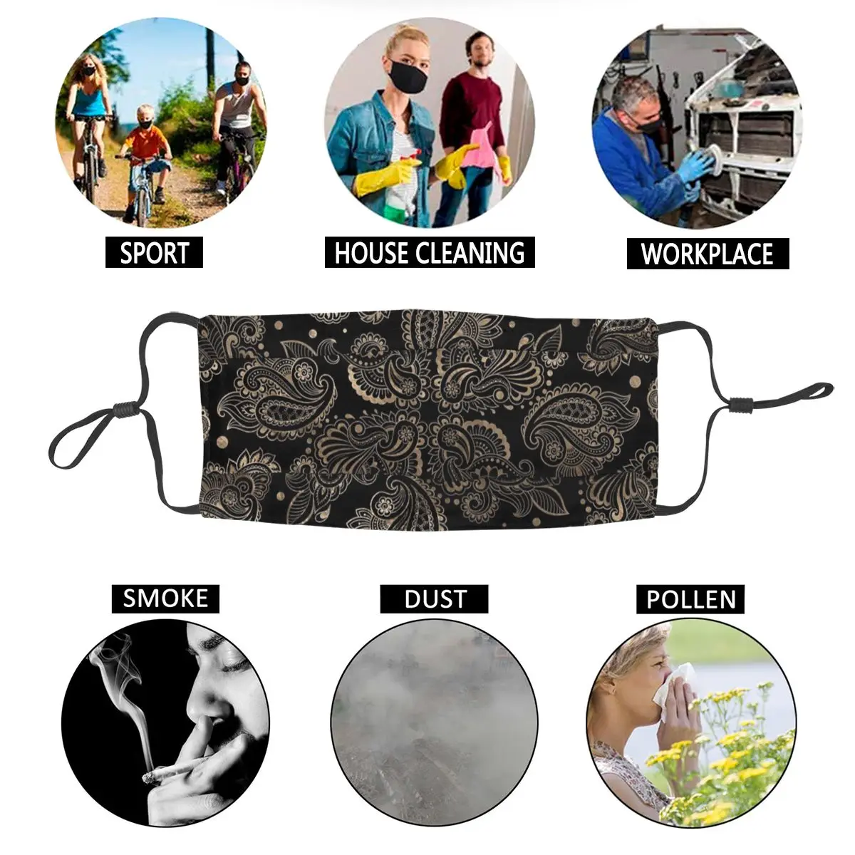 

Oriental Paisley Ornament Adult Non-Disposable Face Mask Anti Haze Anti Dust Protection Cover Respirator Mouth Muffle
