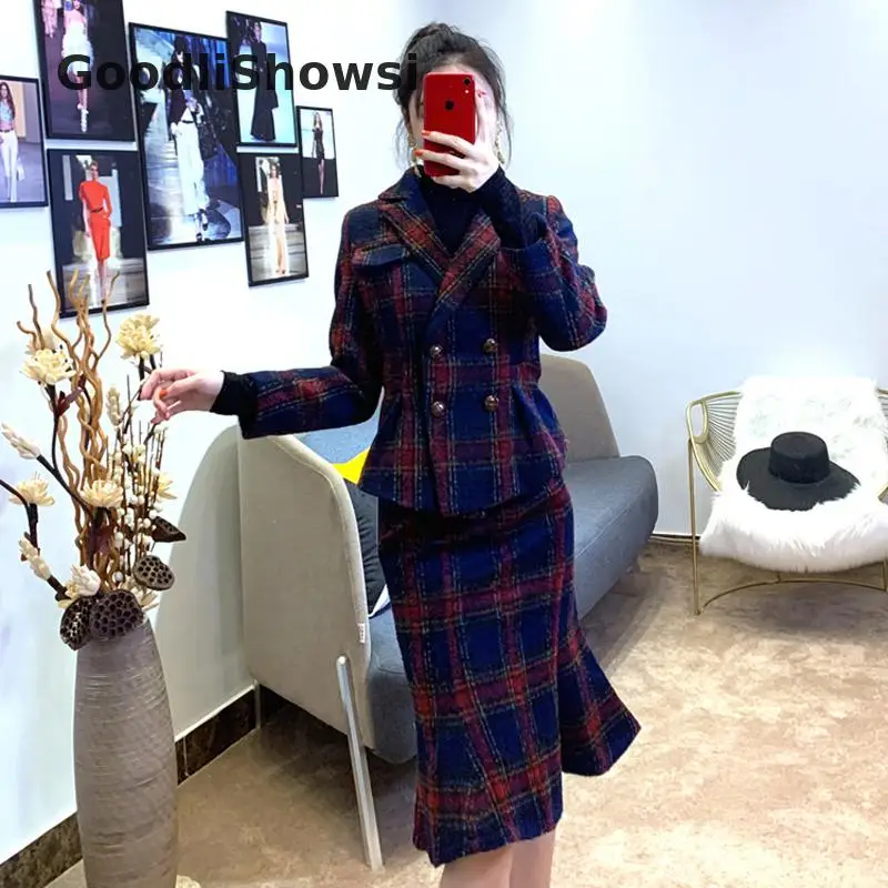GoodliShowsi, Новое поступление, модные комплекты из 2 предметов, женские комплекты, шерстяной клетчатый костюм, Топы+ юбка «рыбий хвост», костюмы, подходящие комплекты, наряды