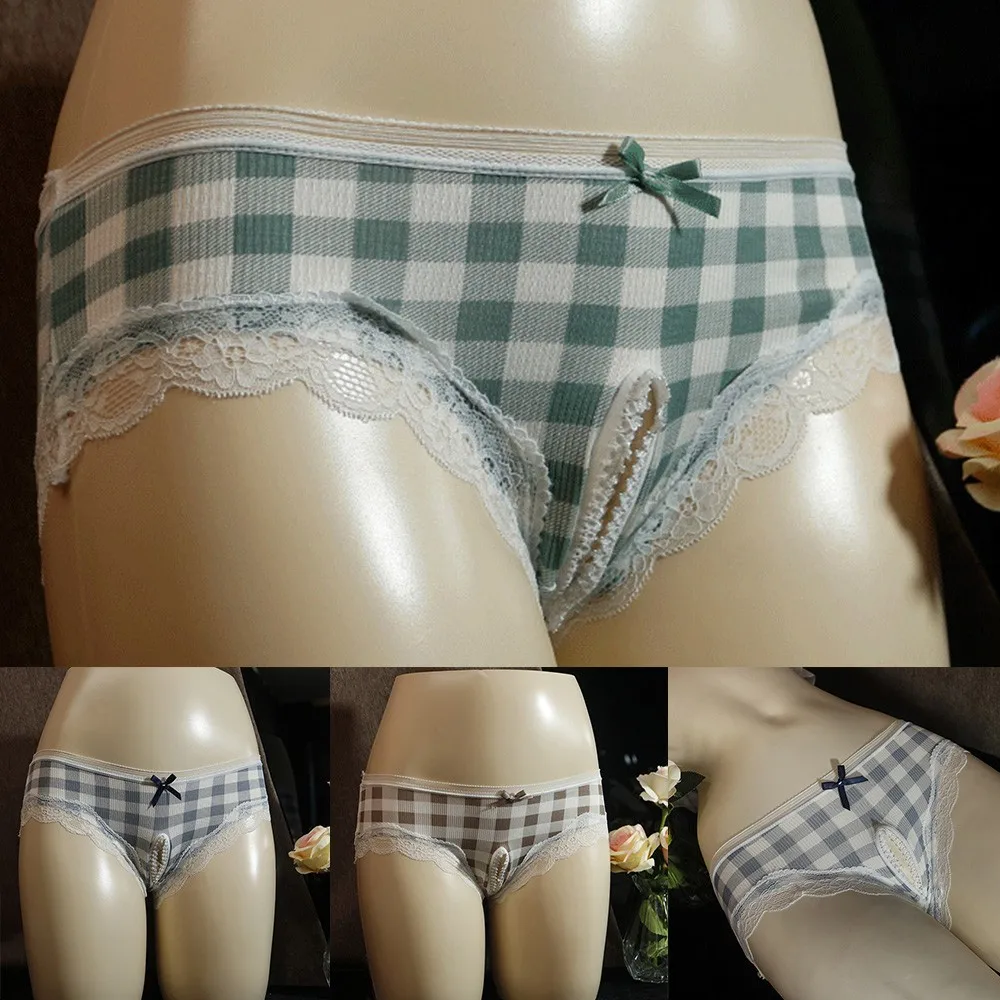 

Men Women Same Low Waist Briefs Open File Sexy Underwear Lattice Lace Trim Brief Gays Clothes Sissy Panties Imitate Lingerie New