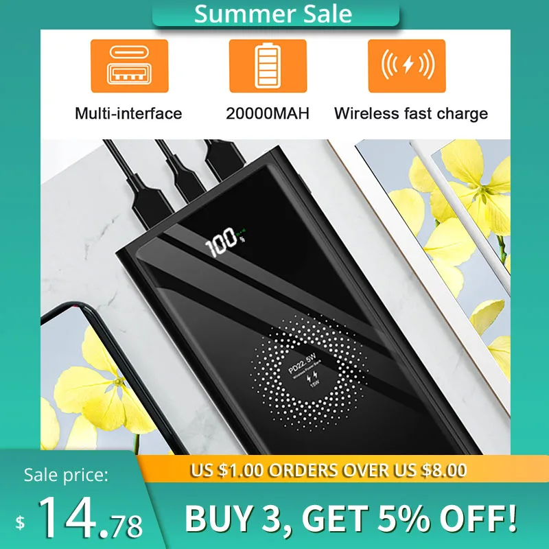 

20000mAh PD3.0 QC 3.0 Power Bank Fast wireless Charger Portable Power Bank For xiaomi Samsung Power bank For iPhone 12 Pro max
