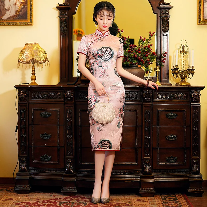 

Pink Bride Bridesmaid Wedding Cheongsam Women Print Flower Knee-Length Satin Chinese Dress Classical Style Straight Qipao Skirt