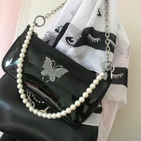 fashion diamond butterfly handbag for women patent leather beaded chain ladies shoulder bags vintage girls purse underarm bag