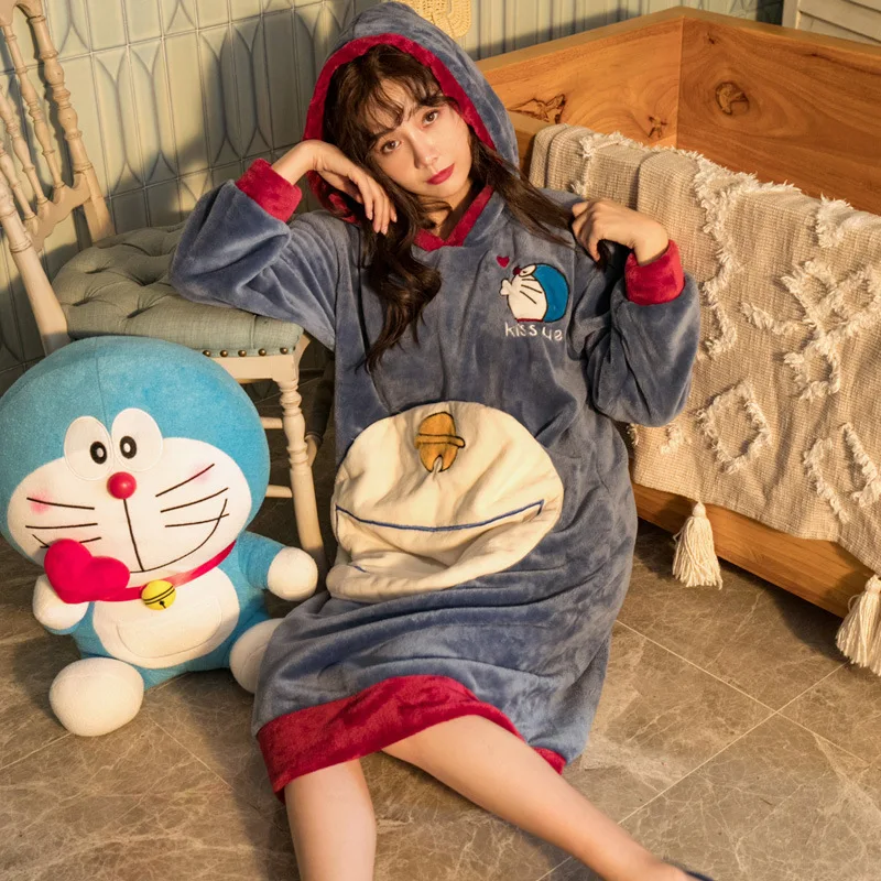 Winter Thick Warm Female Coral Fleece Nightdress Robe Cartoon Cute Animal Nightgown 2020 Lady dress hooded loungewear Sleepwear | Женская