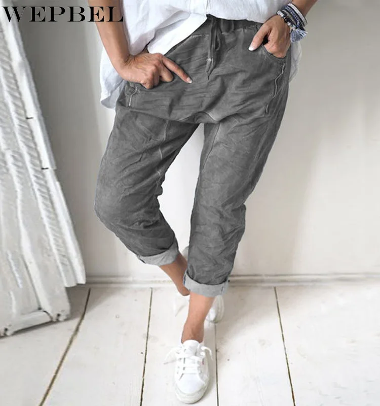 

WEPBEL Women's Casual Loose Pants Spring and Autumn Fashion High Waist Solid Color Button Pocket Ankle-Length Harem Pants