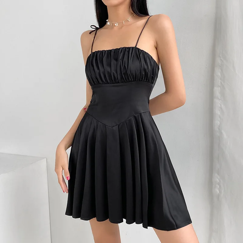 

2021 Hot Girl Style Slip Dress Black Backless Folds Tube Dress Summer Sexy Thin Waist Satin Pleated Mini Dresses For Women