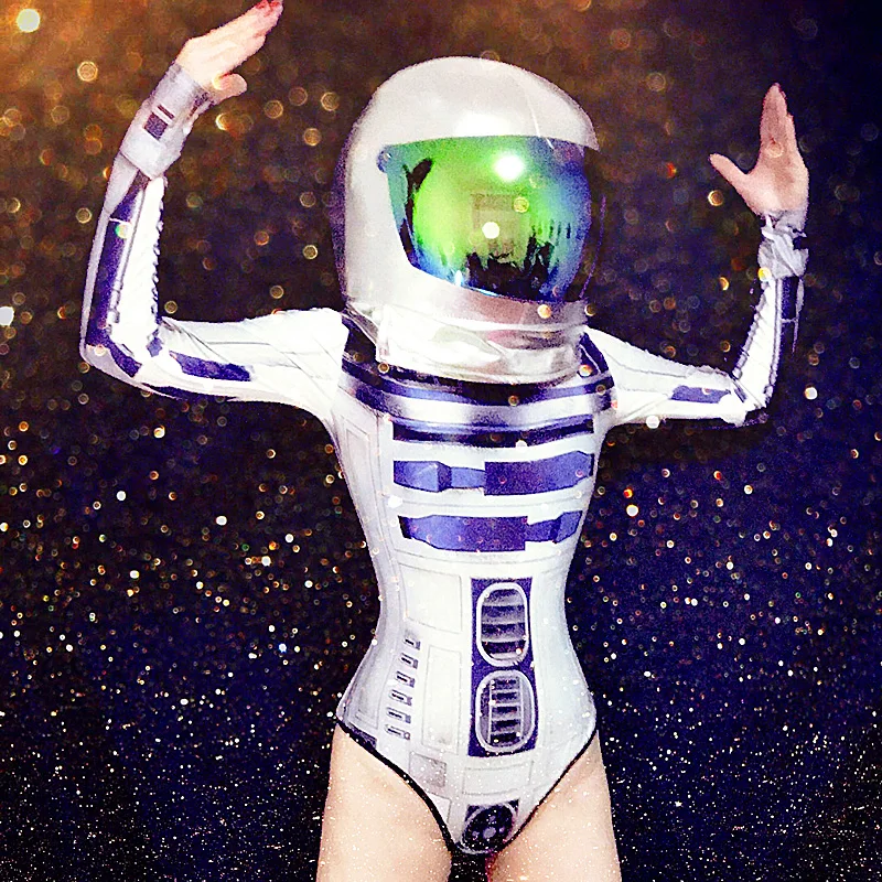 Nightclub Bar Female Singer DS DJ Space Costume GOGO Dance Helmet Long Sleeve Bodysuit Women Cosplay Stage Wear DWY3317 | Тематическая