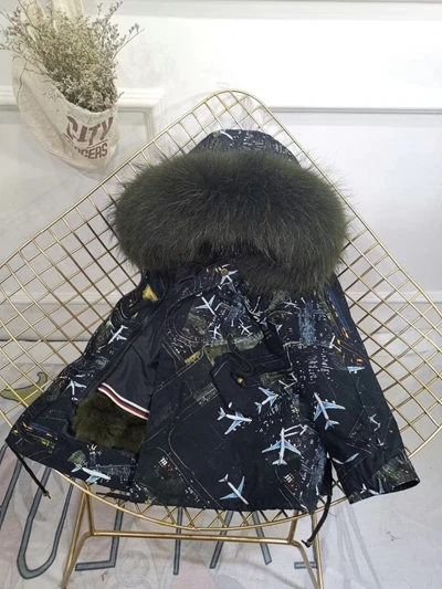 Dark Green Fur Children Winter Jacket Graffiti Boys Girls Real Fur Coat Thick Warm Rabbit Fur Kids Jacket Coat Furry Natural Fur Collar TZ428 - Цвет: Dark Green Fur