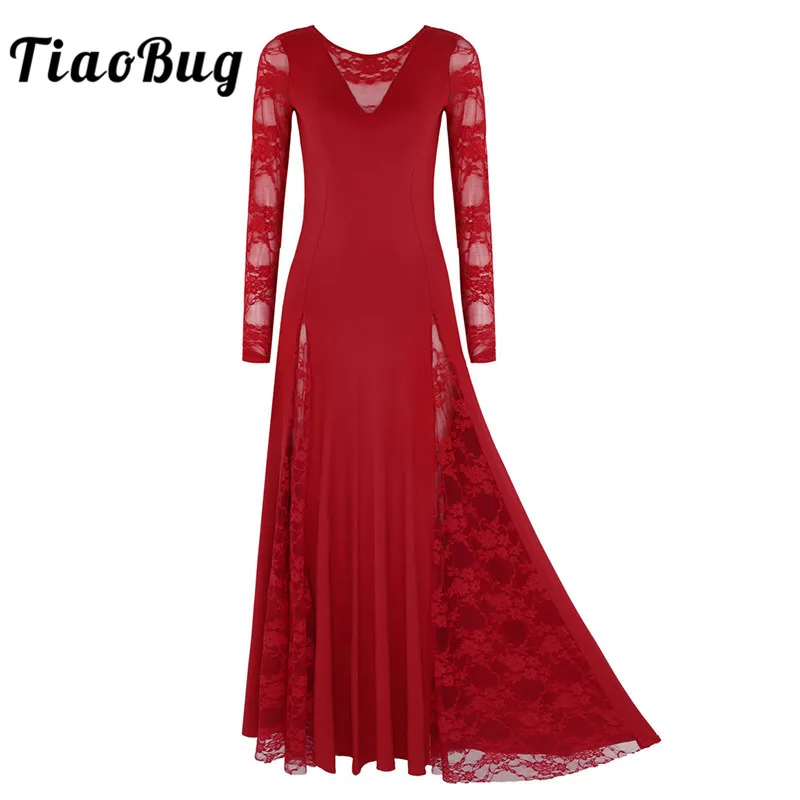 Женское платье для бальных танцев TiaoBug кружевное с длинным рукавом выпускного