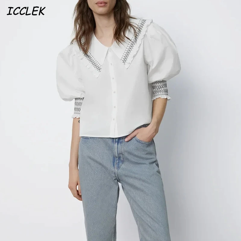 

Women's Blouses Za Shirts Sweet Mujer Blusas Puff Sleeves Femme Peter Pan Collar White Vintage Casual Shirt Poplin Loose Elegant