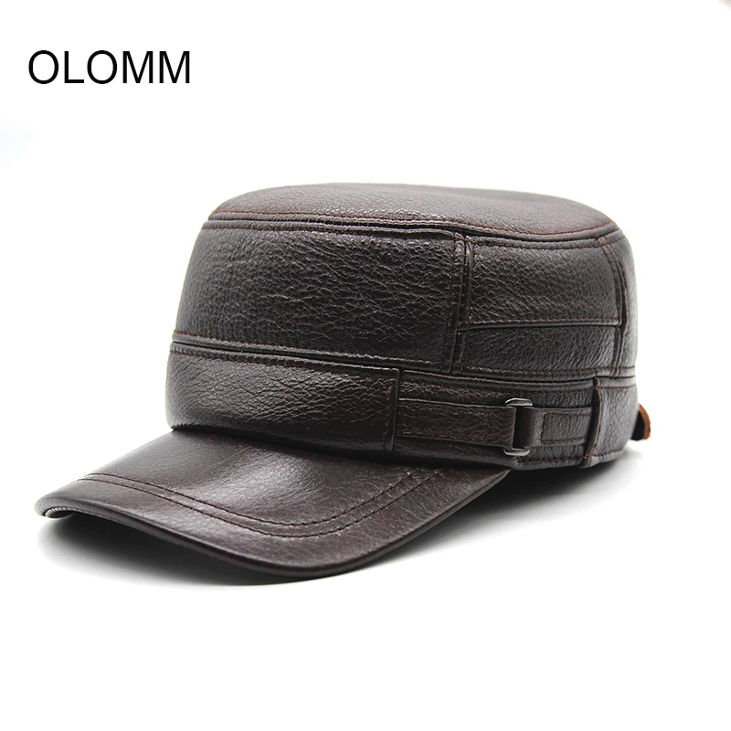 Cow Leather Flat Peak Baseball Cap&ampHats for men winter warm army hat adjustable ear flat black brown cap B28 | Аксессуары для