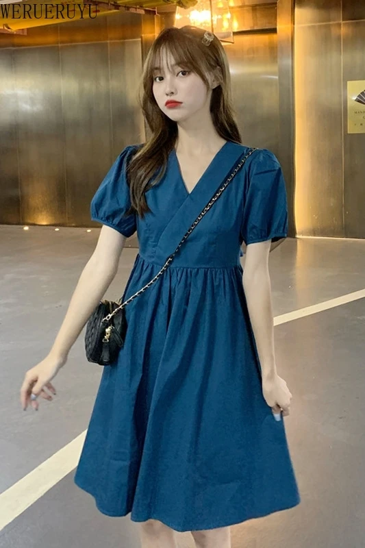

WERUERUYU Women 2020 Sweet Fashion Mini Dress Vintage V-Neck Sleeves Female Dresses