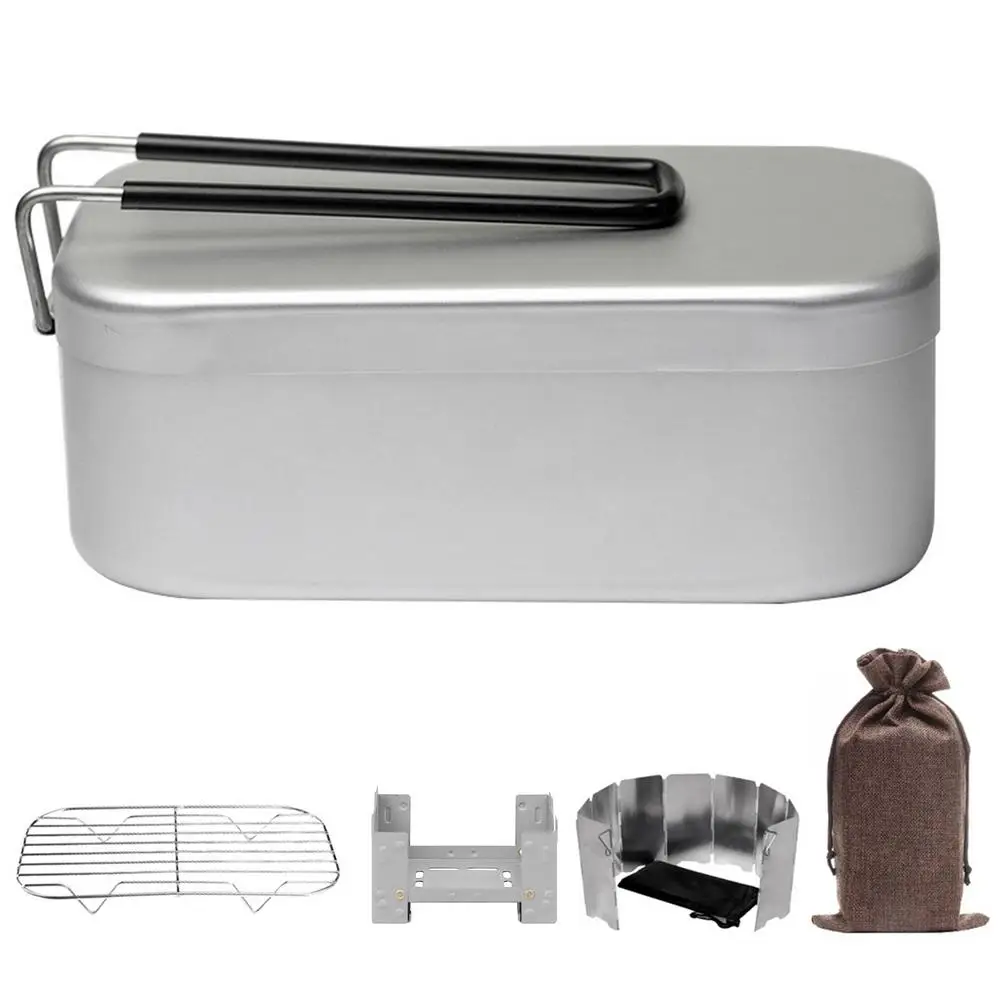 

5pcs Outdoor Lunch Box Stove Windshield Steam Rack Travel Camping Lunch Box Folding Aluminum Rice Camping Supplies