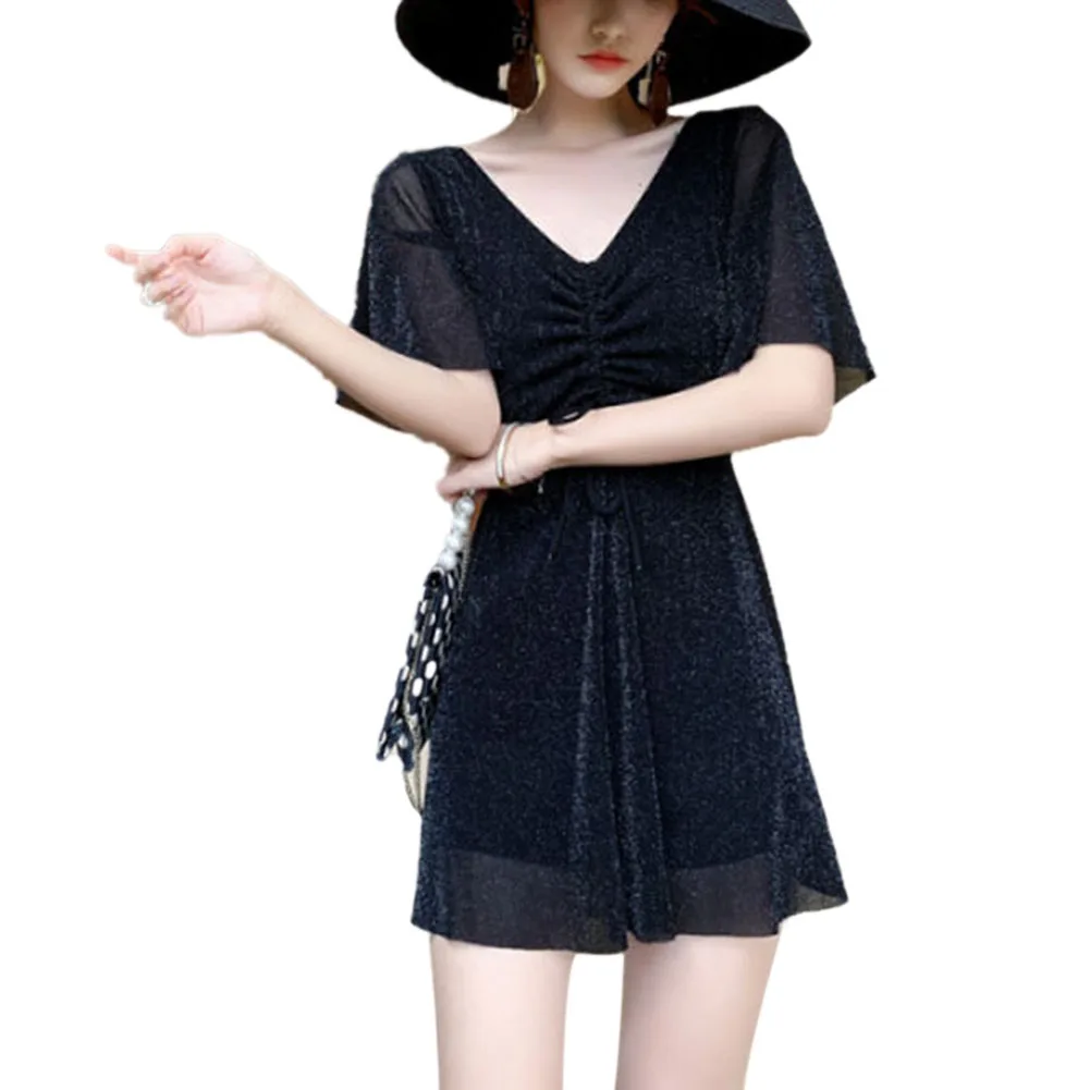 

Women V Neck Monokini Swim Dress Soft Velvet Conservative Swimsuits Cover Up Open-back Swimwear with Flat-angle Swim Bottom