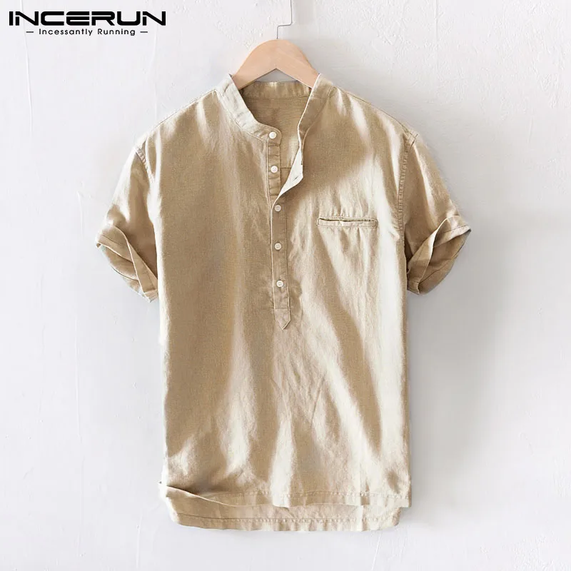 

Мужская хлопковая рубашка с воротником-стойкой, с коротким рукавом