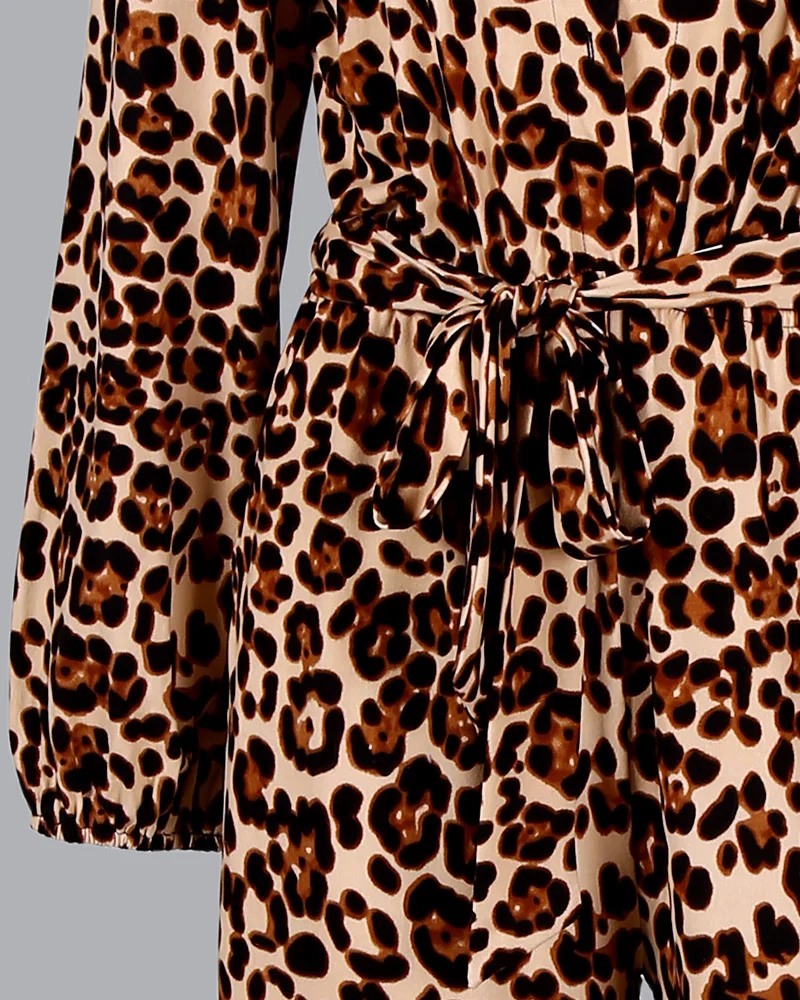 2021 Leopard Print Button Design Wide Leg Jumpsuit Long Sleeve Romper Sheer Mesh Glitter Ruched Wrap Jumpsuit