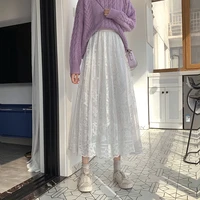 high waist lace skirt women 2021 summer autumn new mid length korean fashion maxi long skirt female black apricot solid color